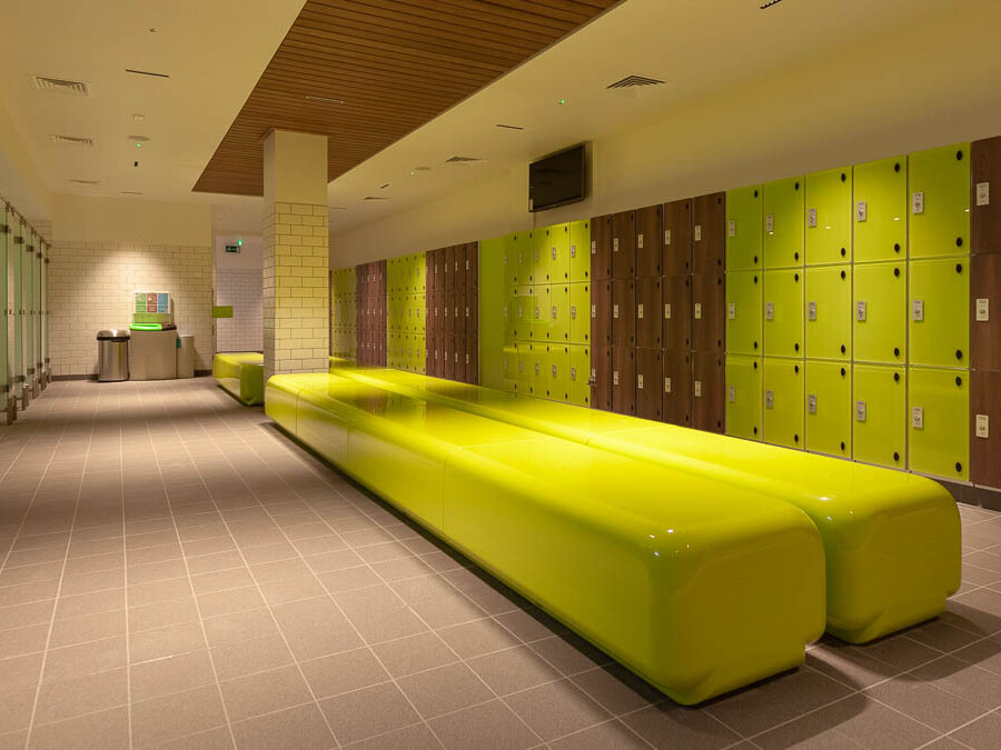 glass lockers with bench seating