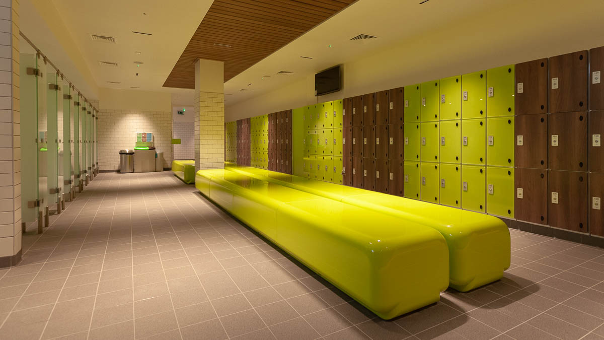 glass lockers with bench seating