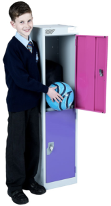 pink and purple metal school locker with student