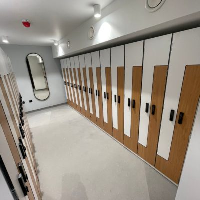 white and wood laminate lockers