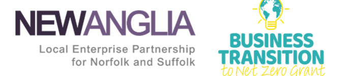 Logos for New Anglia Local Enterprise and Business Transition to Net Zero Grant