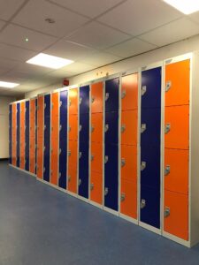 Blue and Orange Metal Lockers
