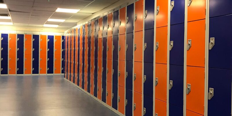 Alternate Blue and Orange Metal Lockers at Leasowes High School